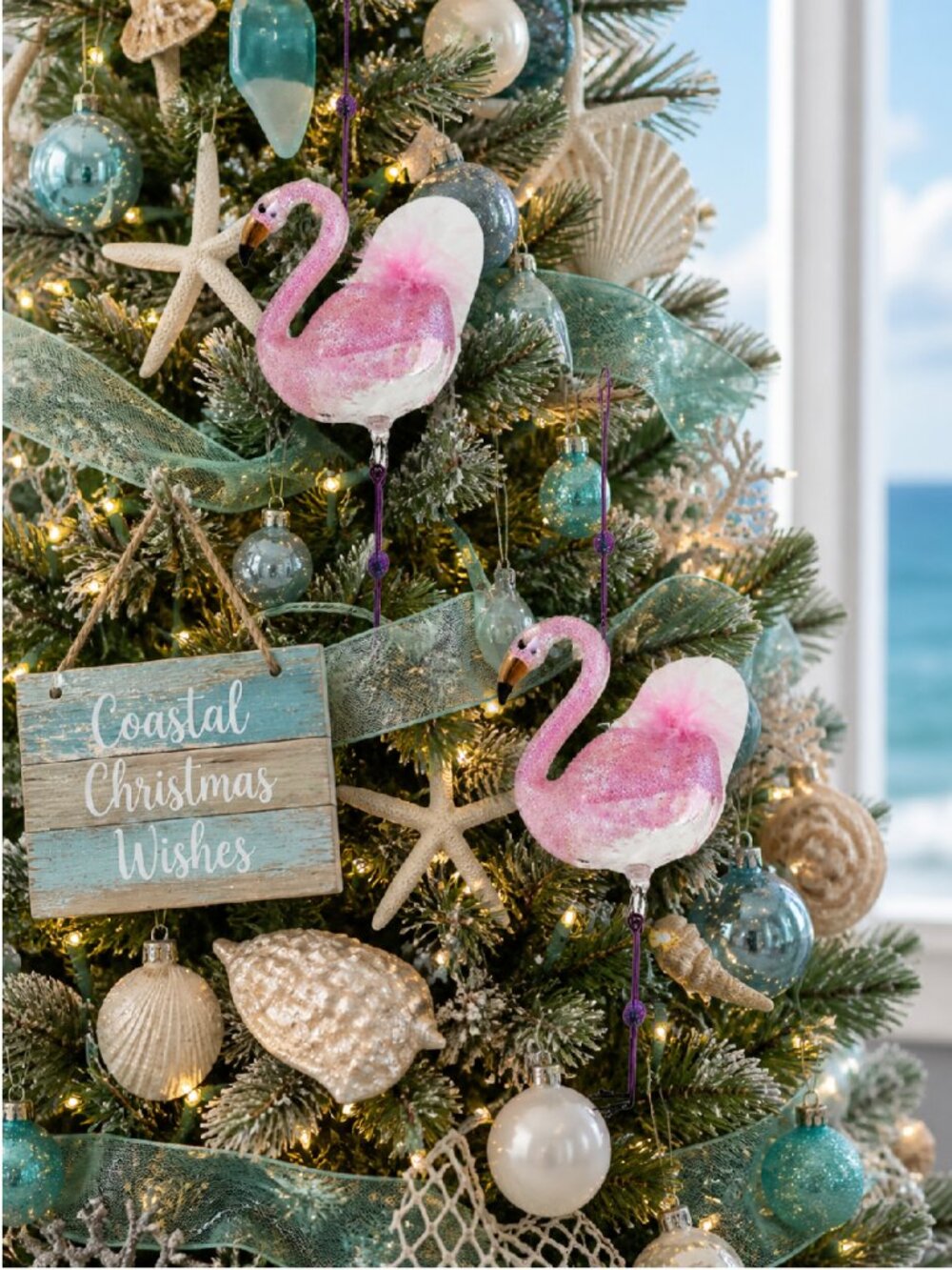 Set of Two Glass and Feathers Christmas Holiday Flamingo Ornaments